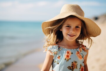 Sticker - Portrait of a cute little girl in a hat on the beach