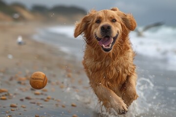 Canvas Print - A happy dog playing fetch on a sandy beach background.