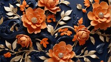 Pattern Of Orange Flowers And Indigo Leaves On Dark Background