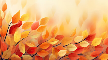 Wall Mural - Autumn Leaf Fall on Tree Branch Abstract Background. Illustration Art with Beautiful Yellow and Orange Leaves on a Bright Sunny Day, Colorful Frame Picture Wallpaper for Earth Day, Copy Space