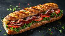A Classic French Sandwich With Bacon, Lettuce, And Tomatoes On A Baguette