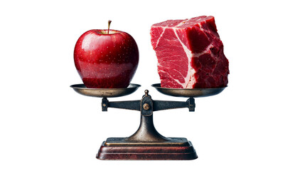 Sticker - balanced vintage scale with shiny red apple on one side and large chunk of raw red beef on other, is