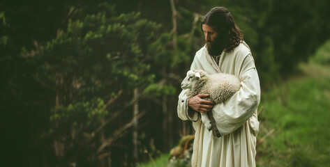 Wall Mural - Jesus carries a lost sheep in his arms