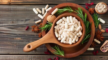 Wall Mural - Natural herbal medicine capsules from fresh herb leaves on a rustic wooden table