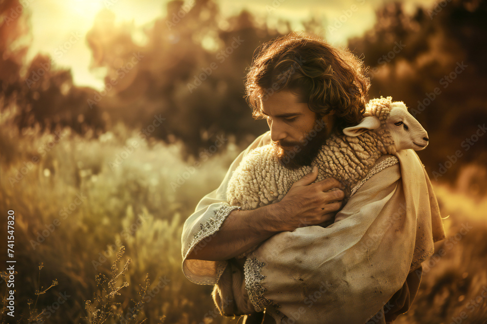 Jesus carries a lost sheep in his arms Stock Illustration | Adobe Stock