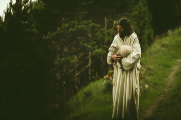 Wall Mural - Jesus carries a lost sheep in his arms