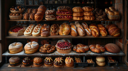 Display case showcasing a variety of baked goods and pastries