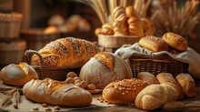 Various Types Of Bread, A Staple Food, Are Displayed On The Table