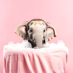 Wall Mural - A baby elephant wrapped in a pink towel after a bath