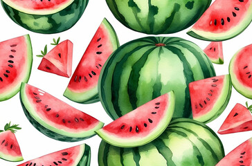 Wall Mural - watermelon slices and whole on white background