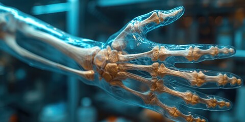 Wall Mural - An x-ray of the patient's wrist bone in a blue laboratory background