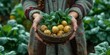 Hand of young woman holding a basket of vegetables, self-sufficient farm vibes, homegrown