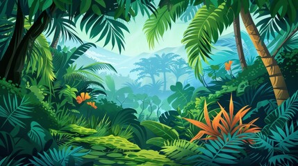 Canvas Print - illustration of a lush green jungle full of trees and lesves