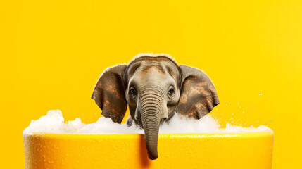 Wall Mural - An adorable elephant enjoys a soothing bath, immersed in bubbles