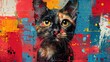 Portrait of a cat on a colorful abstract background. Collage.