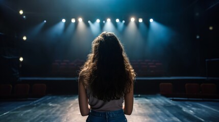 rear view of a woman standing in the dark of the stage.