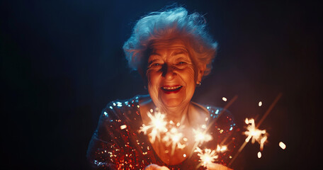 Wall Mural - Patriotic grandma celebrating fourth of july or new year holiday, holding sparkler fireworks outside at night