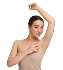 Sticker - Beautiful woman showing armpit with smooth clean skin on white background