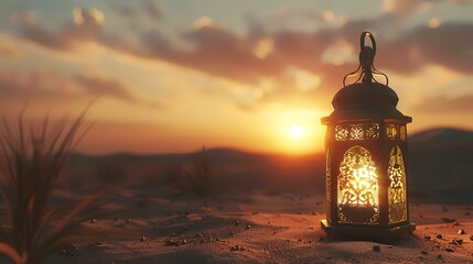 Wall Mural - Lantern in the desert at sunset. Ramadan Kareem background