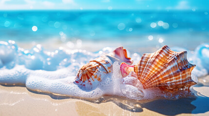 Wall Mural -  Super detailed photo of summer seashells and water waves outdoors. Free space for your decor. Generative AI