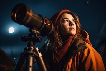 Portrait of a young woman looking through a telescope in the night