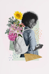 Poster - Collage poster picture of adorable pretty beautiful girl with rucksack blooming fresh flowers isolated drawing background