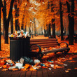 A bench in the park in autumn and next to a trash can full of garbage, the concept of environmental protection and recycling