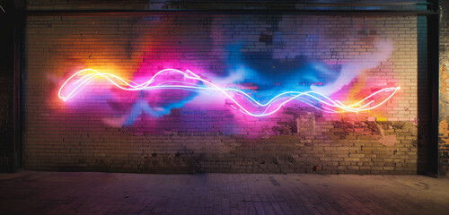 Canvas Print - Colourful neon graffiti streaking across a brick wall.