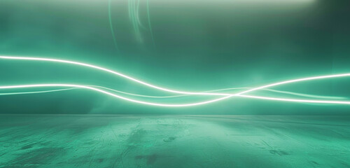 Wall Mural - A serene green neon light wave on a tranquil backdrop.