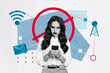 © deagreez - Creative collage young gorgeous woman hold smartphone no signal wifi internet connection correspondence antenna signal drawing background