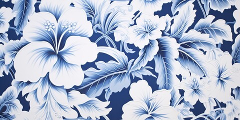 Wall Mural - AI Generated. AI Generative. Drawing painting ink blue watercolor hawaiian plant flower patter texture decoration. Graphic Art Illustration
