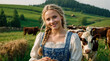 Beautiful blonde woman in Bavarian traditional clothes in a green mountain valley looks after a herd of cows. AI generated