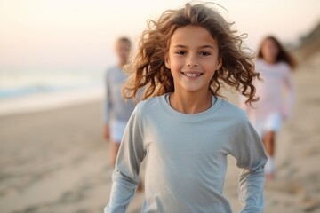 Poster - Portrait of a happy little girl on the beach with her parents