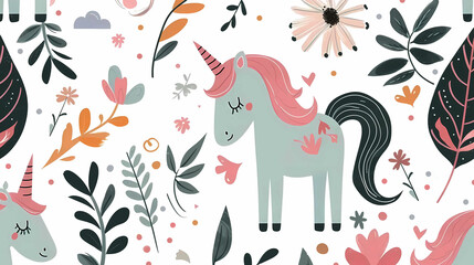 Wall Mural - Unicorn and floral seamless wallpaper with white background endless repeating pattern background texture decorative element