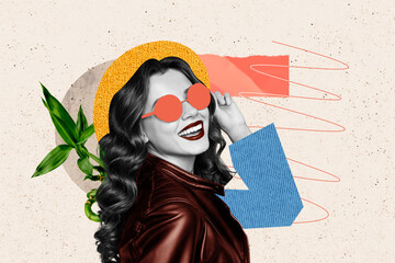 Sticker - Collage 3d image of pinup pop retro sketch of young pretty lovely female sunglass model shopping banner unusual fantasy billboard comics