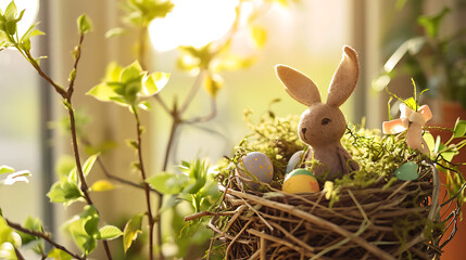 Easter decoration with crafted Easter bunny in the sunny nest