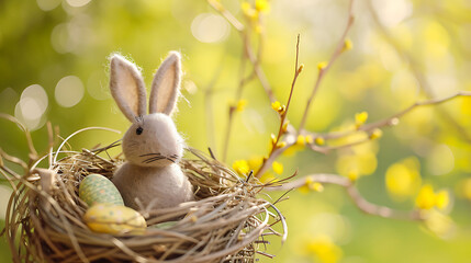 Easter decoration with crafted Easter bunny in the sunny nest