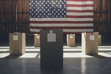 Wall Mural - a row of election ballot boxes with american flag behind. USA presidential voting