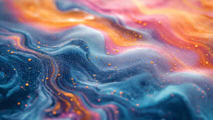 Abstract close-up of colorful flowing waves with glittering particles, creating a vibrant and dynamic texture, perfect for creative, artistic, or fantasy themes.