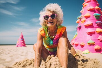 Sticker - Happy senior woman in sunglasses sitting on sand at beach and looking at camera