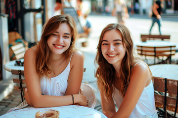 Two sisters with radiant smiles enjoying a sunny day together at an outdoor cafe, sharing a moment of joy.