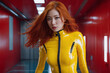 Strong real BDSM adult asian mistress wearing fetish latex rubber catsuit and poses in deep yellow erotic in red futuristic interior. Generative Ai