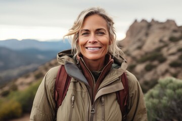 Wall Mural - Portrait of smiling mature woman with backpack standing on top of a mountain