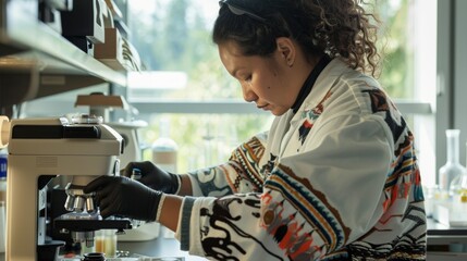 Aufkleber - A female scientist intently studies the mysteries of the microscopic world in her laboratory, donning a white lab coat and surrounded by cutting-edge scientific instruments, while the scent of coffee