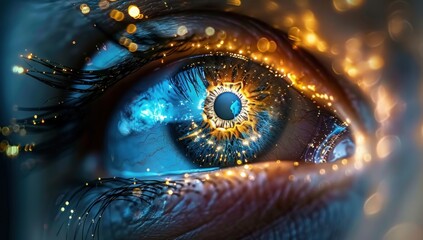 Wall Mural - Science and art focus falls on human eye radiating ethereal golden shimmer masterpiece of nature and technology intertwined closeup captures intricate beauty of human