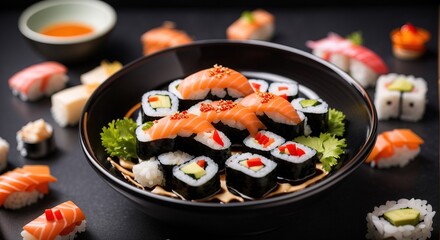 Canvas Print - Sushi with sauce in bowl