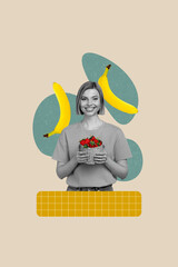 Poster - Collage 3d image pinup pop retro sketch of funny female hold strawberry banana fruit diet healthy nutrition billboard comics zine minimal