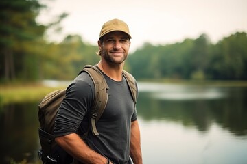 Poster - Portrait of a happy male hiker standing by the lake with backpack