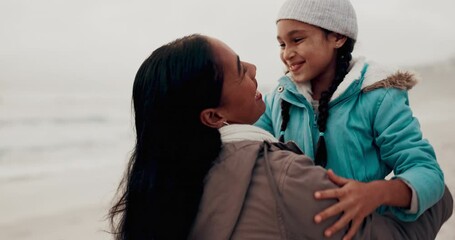 Poster - Beach, hug and mother with girl, vacation and happiness with nature and travelling with adventure. Family, parent and mama with daughter or embrace with support or trust with care, freedom or journey