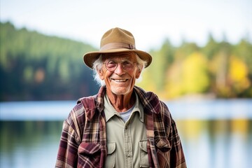 Wall Mural - Portrait of happy senior man in hat and eyeglasses standing by the lake